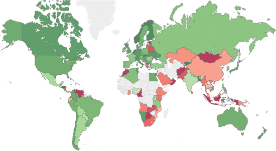 El siguiente mapa muestra el índice de riesgo global (verde - bajo riesgo, rojo - alto riesgo, blanco - datos insuficientes), mostrando las zonas con más peligro y los puntos calientes de malware en todo el mundo.