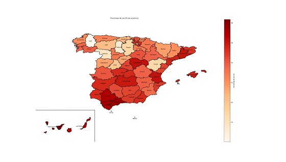 Mapa de porcentaje de uso de 4G por provincia.