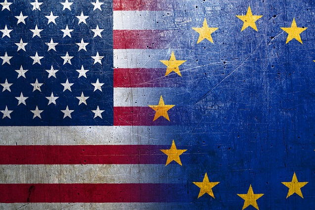 European Union and United States flags on the grunge metal backg