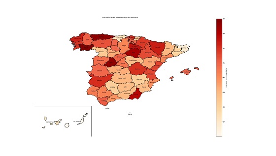 Mapa de uso medio de 4G en minutos diarios por provincia.